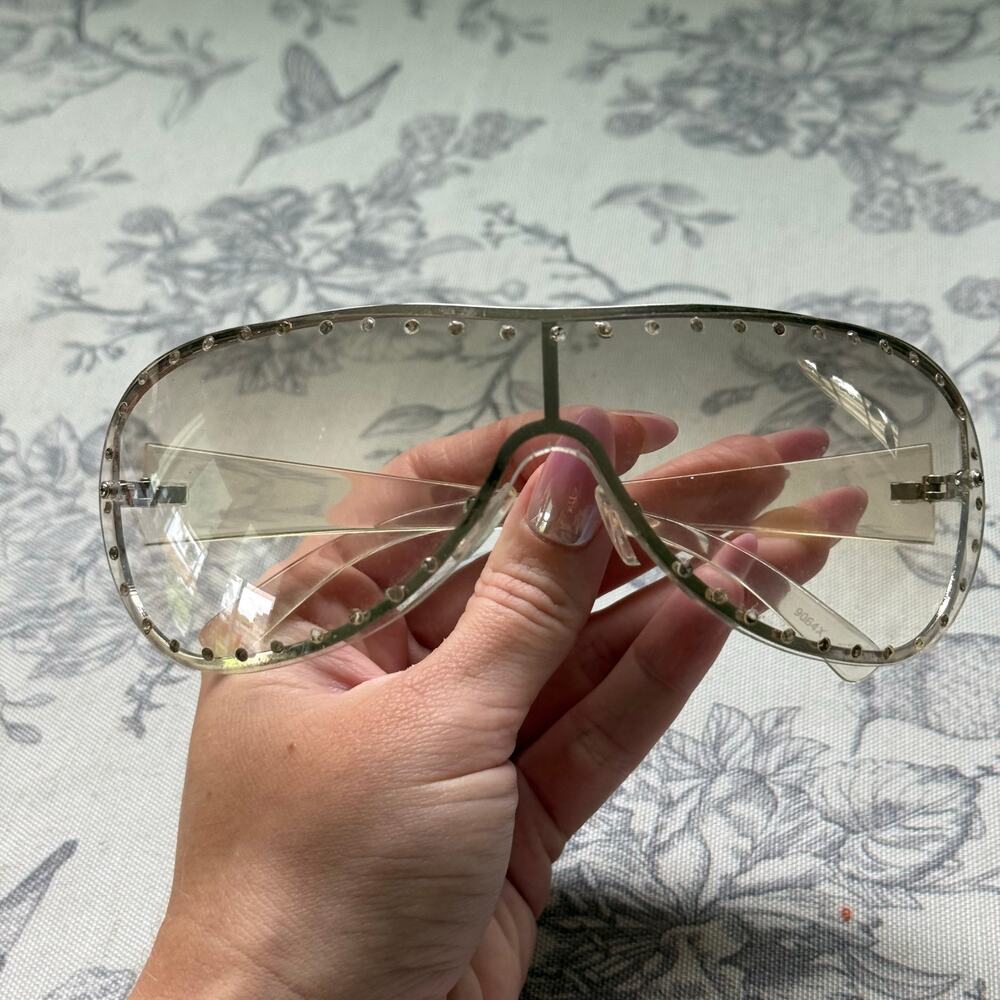 Vtg Y2K Wrap Sunglasses Clear Gradient Shield Glam Retro Sporty Rhinestone